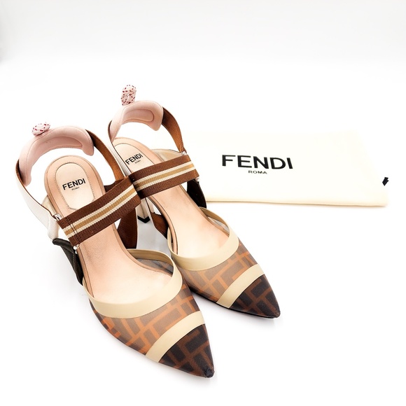 Fendi Brown Pointed Toe Slingback Sporty Heels Shoes EU 37.5 - Picture 1 of 11